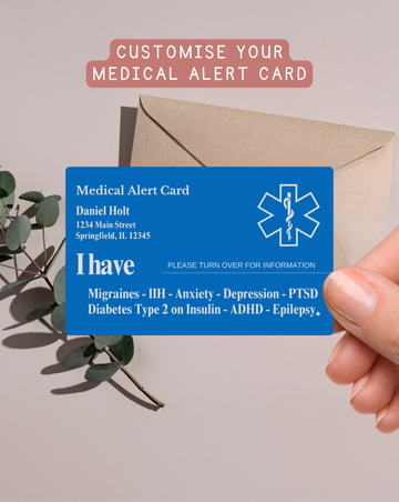 Custom Engraved Medical Alert Card - Blue Aluminum (Full Detail Version)