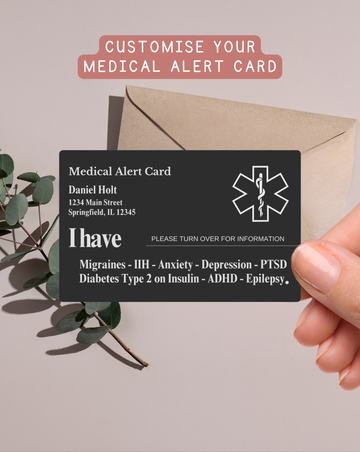 Custom Engraved Medical Alert Card - Black Aluminum (Full Detail Version)