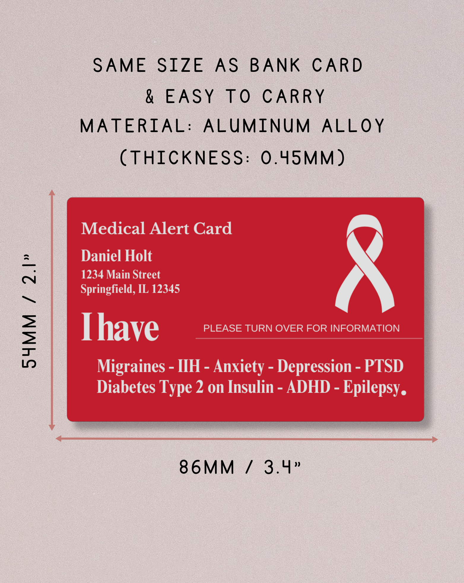 Custom Engraved Medical Alert Card - Red Aluminum (Full Detail Version)