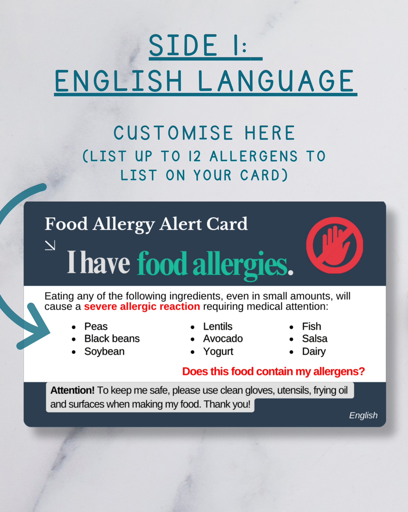 Food Allergy Alert Card – Bilingual (English + Your Chosen Language)