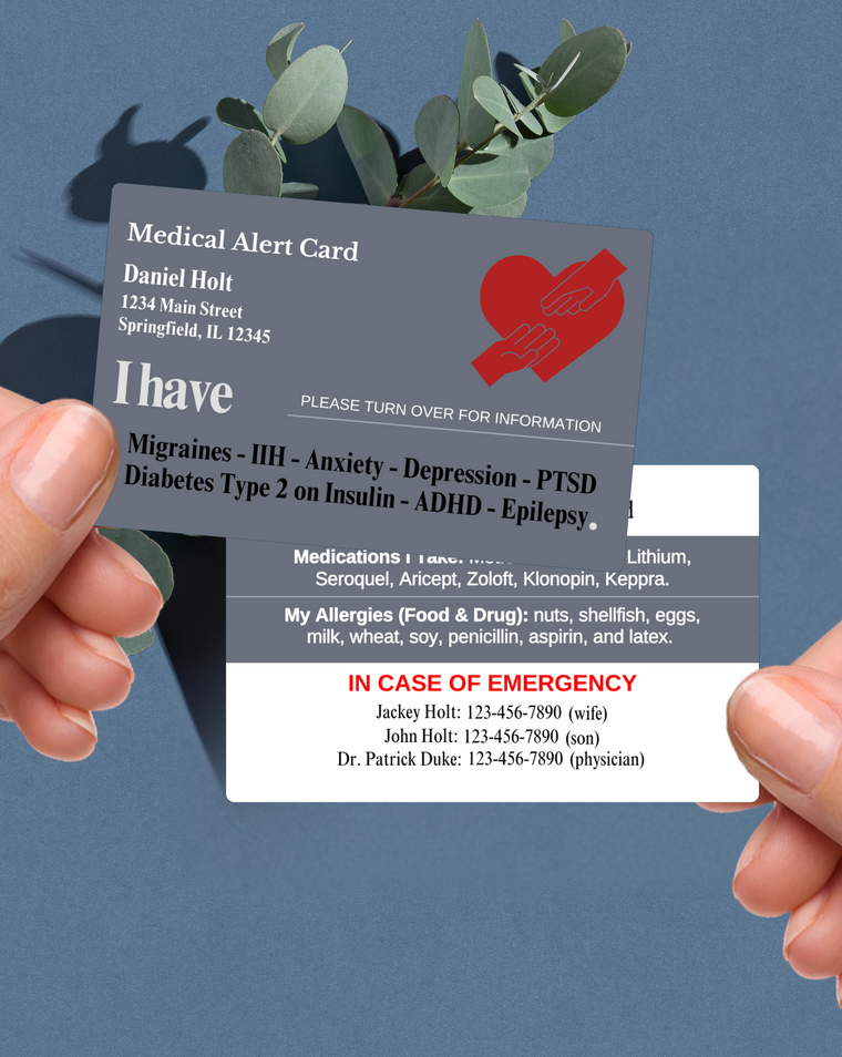 Grey customised medical alert card shown with personalised medical details