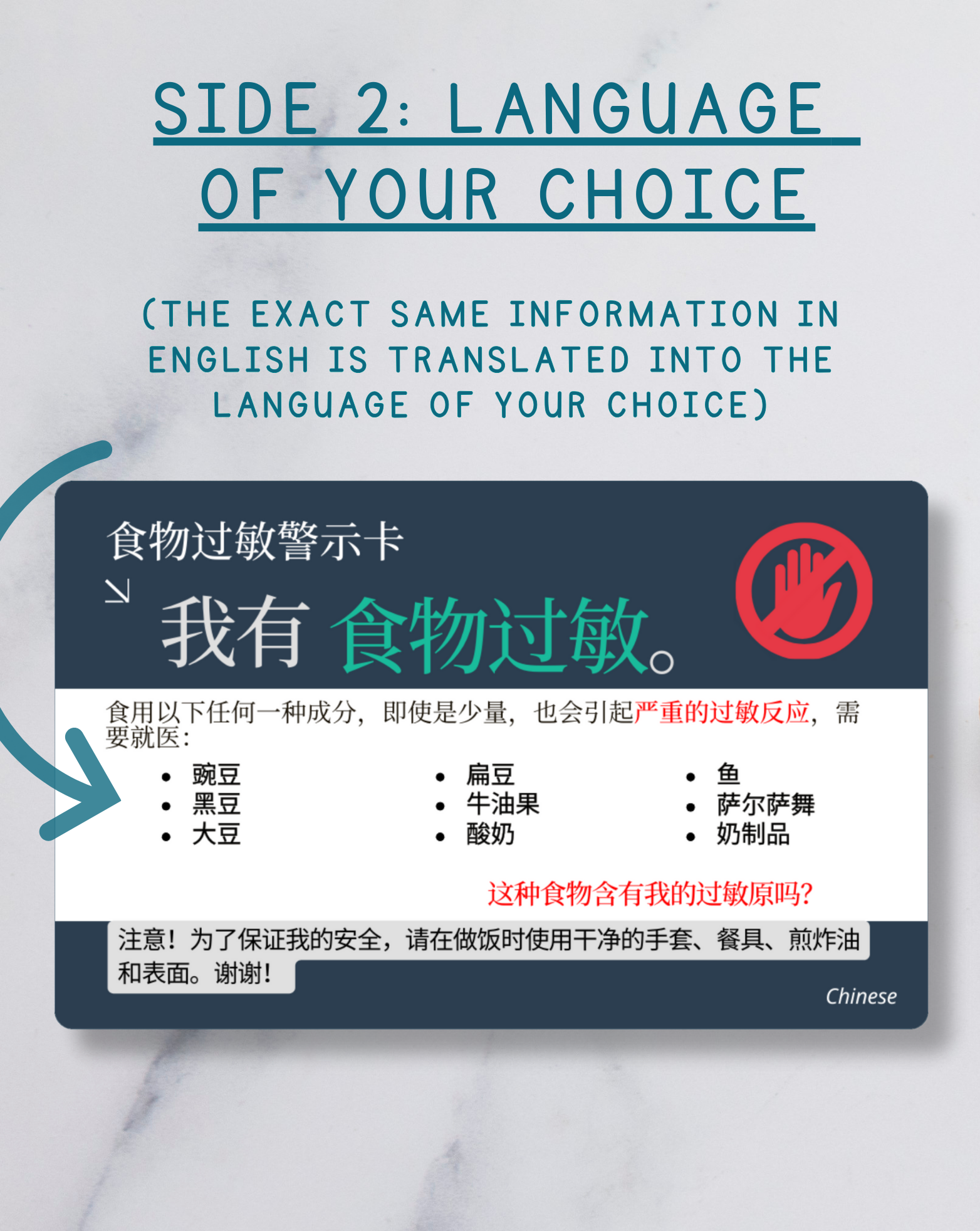 Food Allergy Alert Card – Bilingual (English + Your Chosen Language)