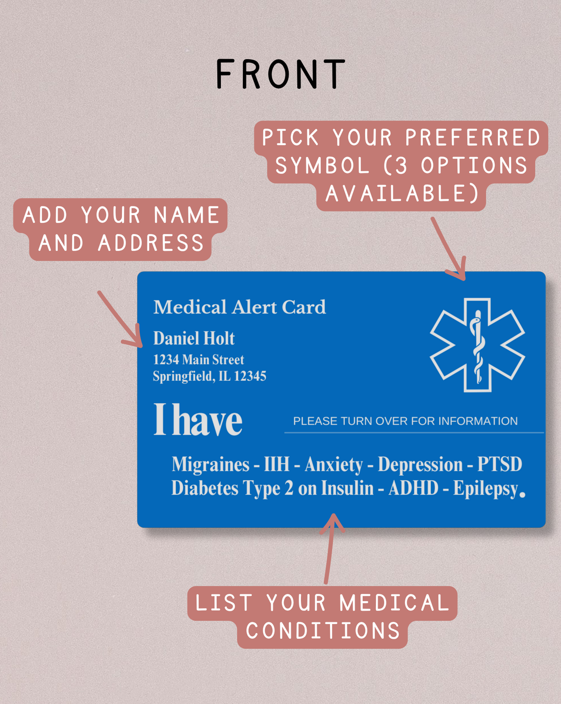 Custom Engraved Medical Alert Card - Blue Aluminum (Full Detail Version)