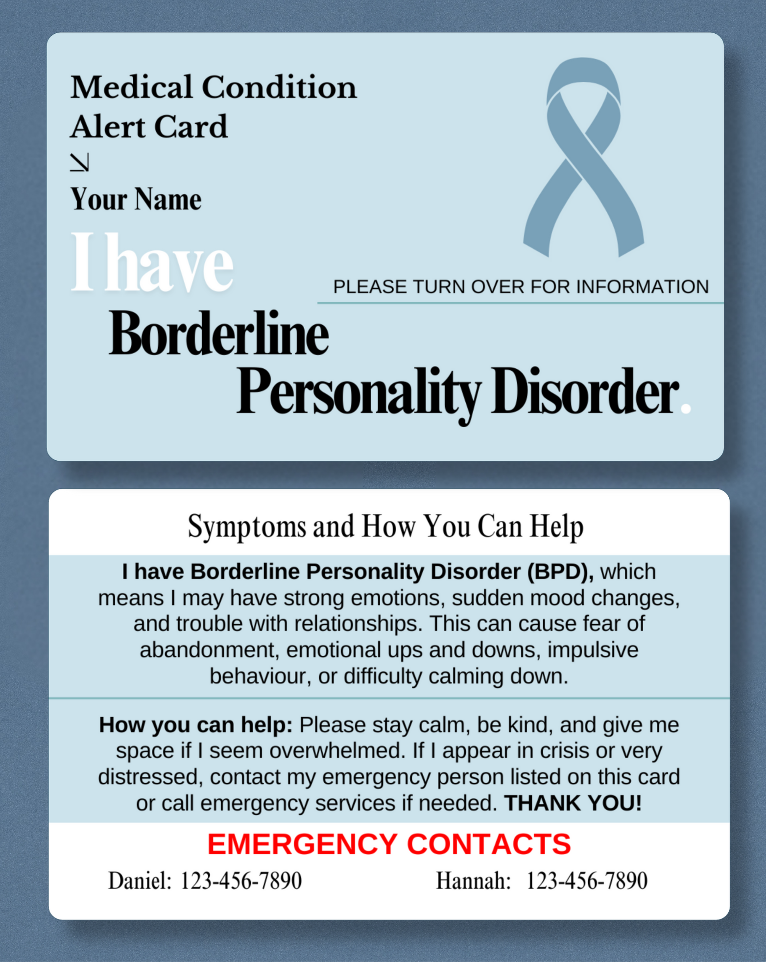 Borderline Personality Disorder (BPD) Medical Alert Card