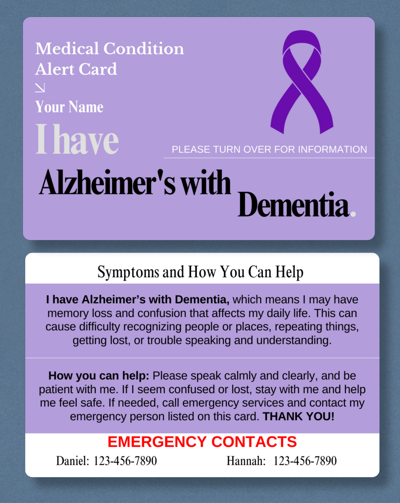 Alzheimer’s with Dementia Medical Alert Card