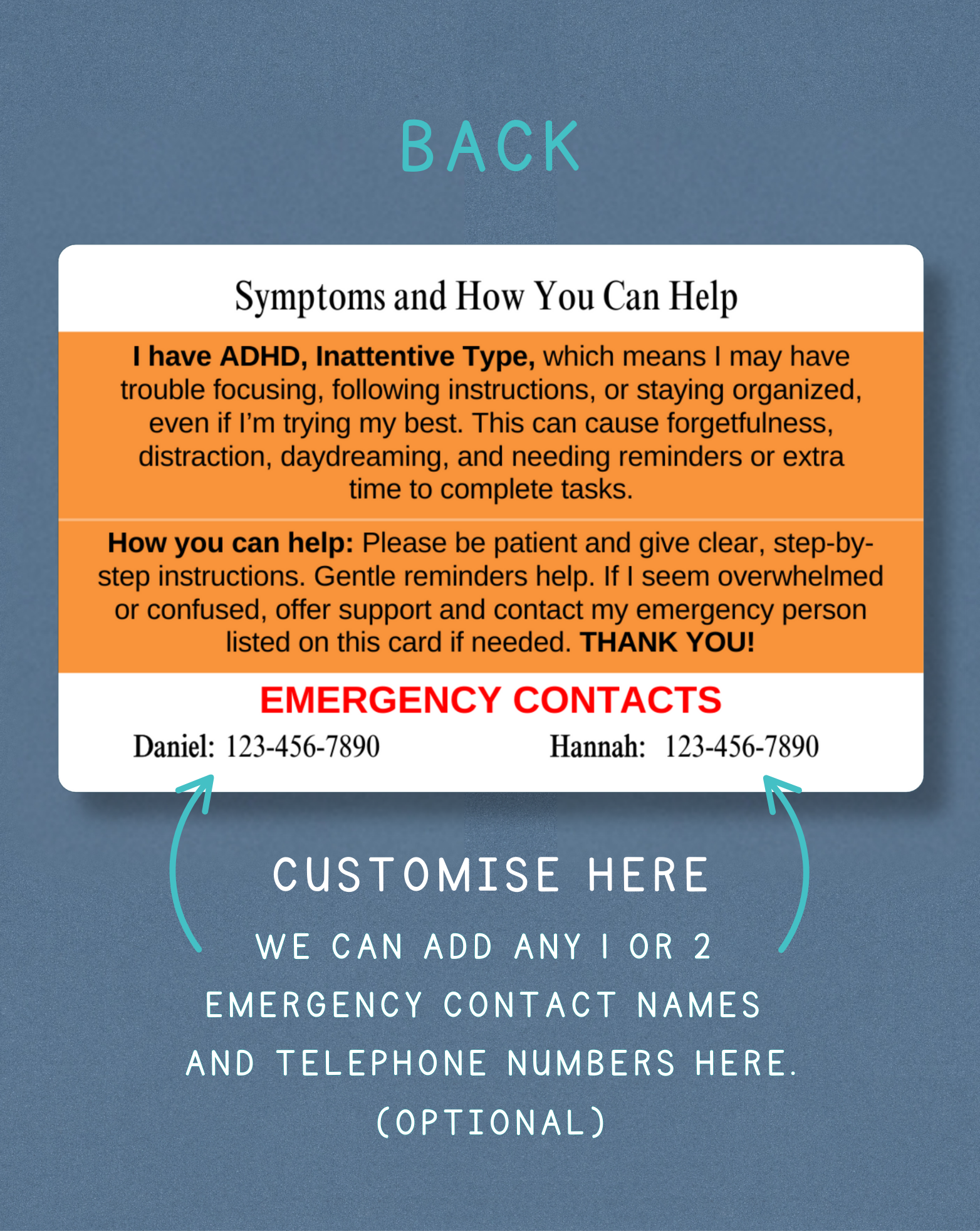 ADHD (Inattentive Type) Medical Alert Card