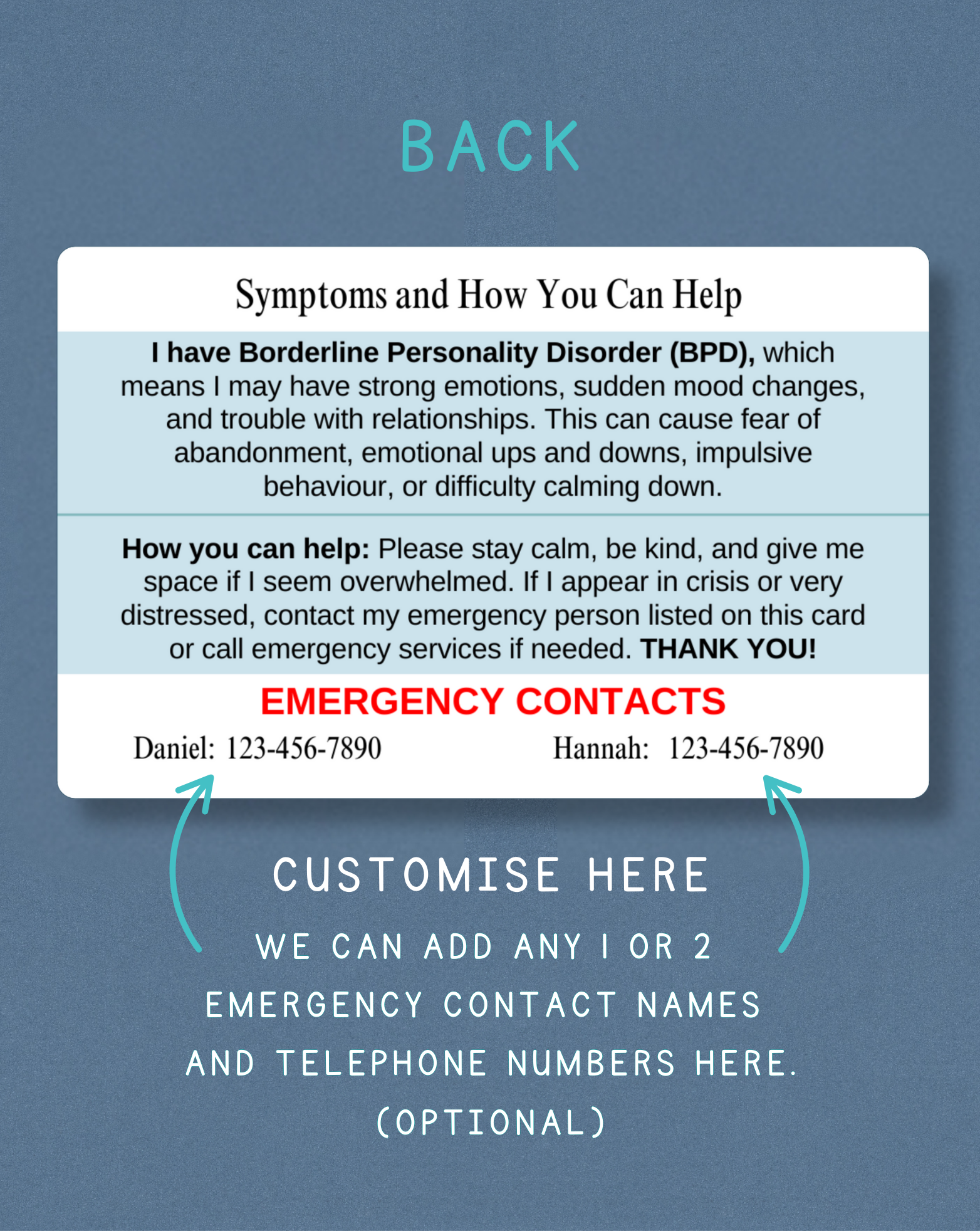 Borderline Personality Disorder (BPD) Medical Alert Card