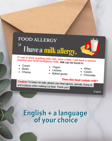 Milk Allergy Alert Card – Bilingual (English + Your Chosen Language)