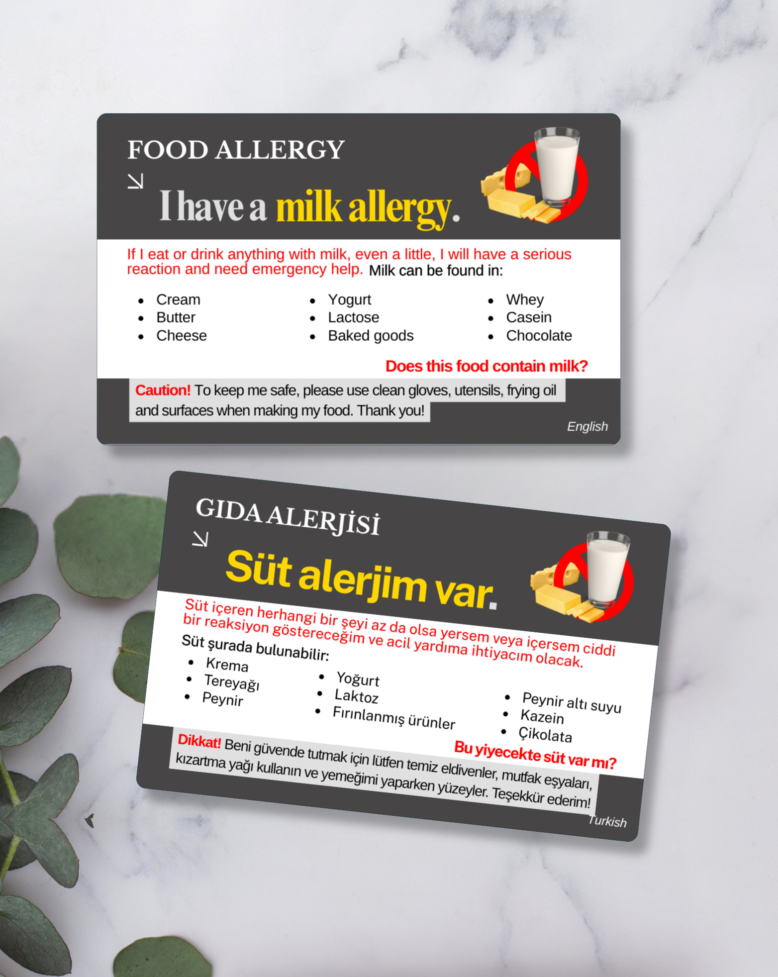 Milk Allergy Alert Card – Bilingual (English + Your Chosen Language)