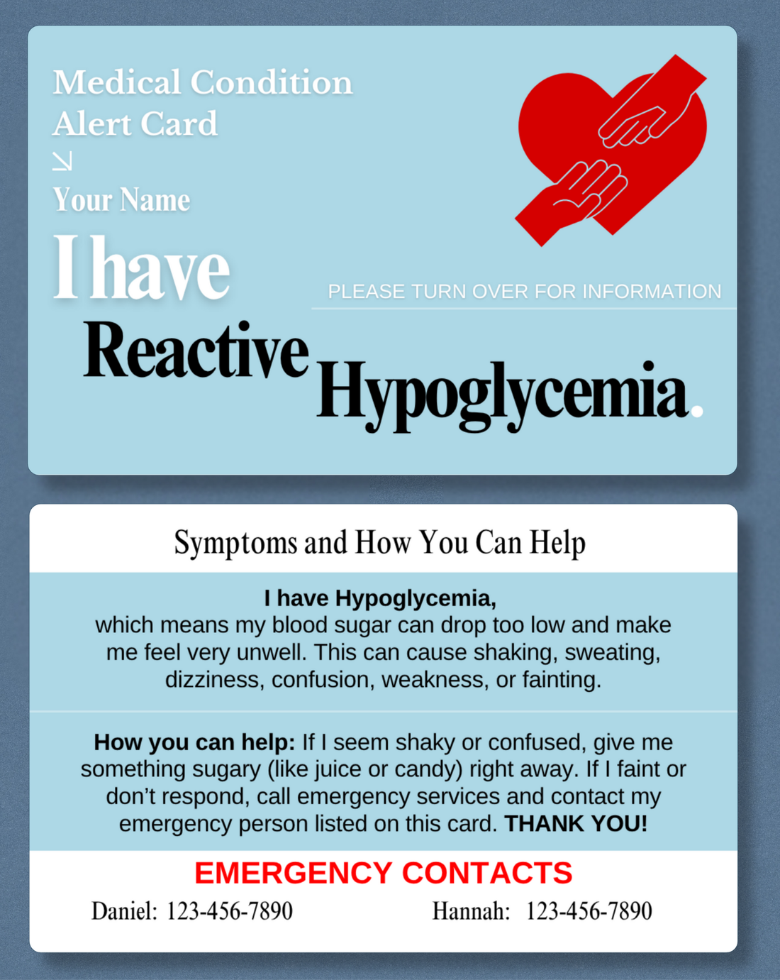 Reactive Hypoglycemia Medical Alert Card