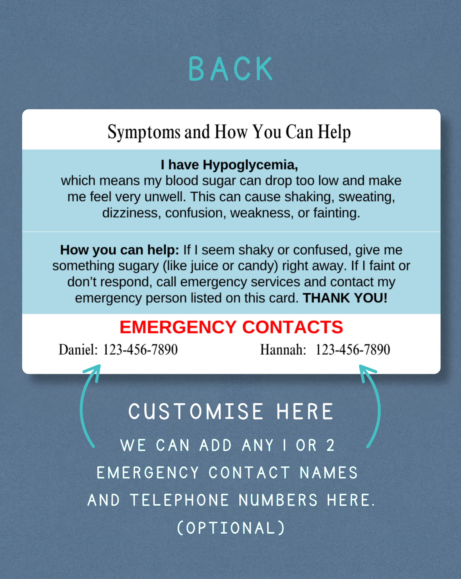Reactive Hypoglycemia Medical Alert Card