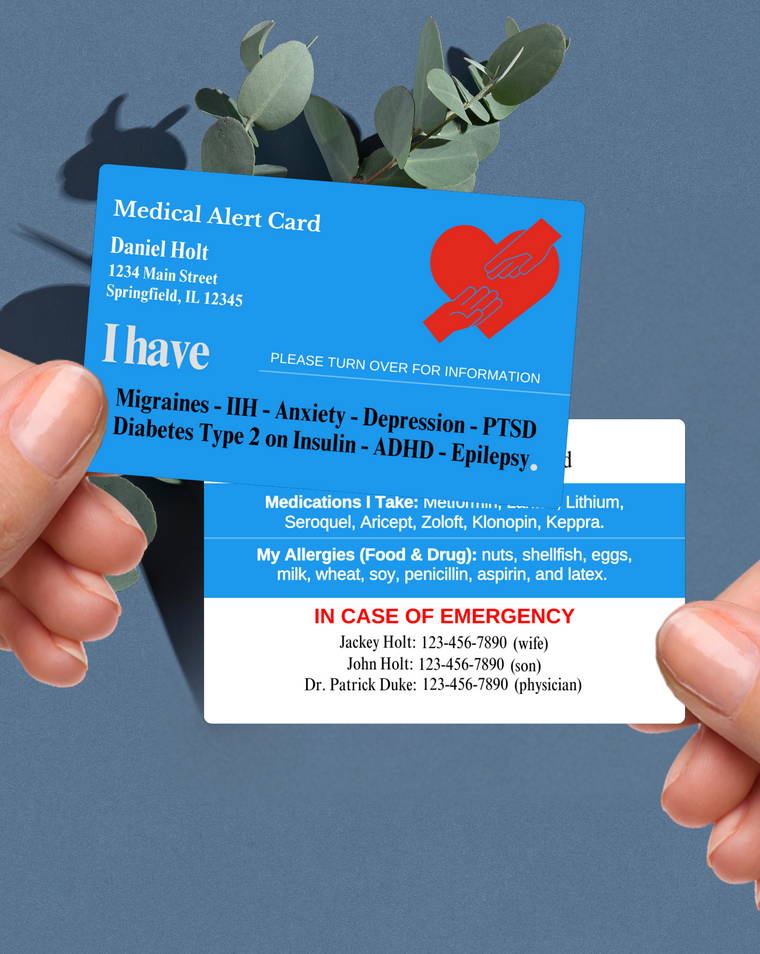 Blue customised medical alert card shown with personalised medical details