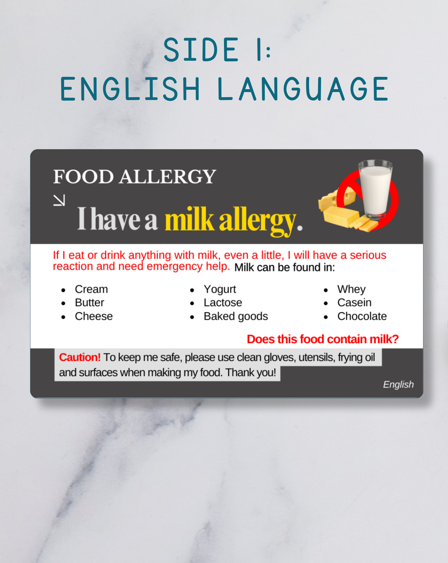 Milk Allergy Alert Card – Bilingual (English + Your Chosen Language)