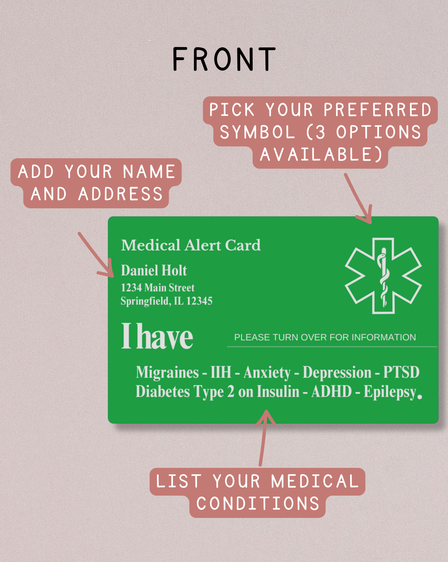 Custom Engraved Medical Alert Card - Green Aluminum (Full Detail Version)