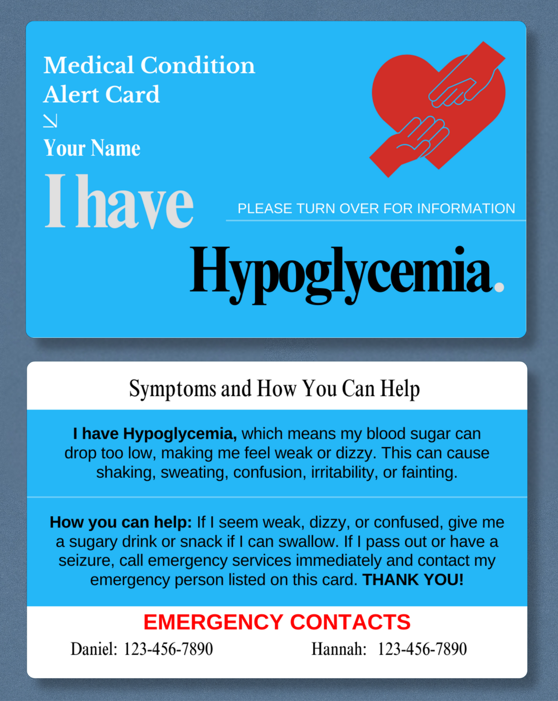 Hypoglycemia Medical Alert Card