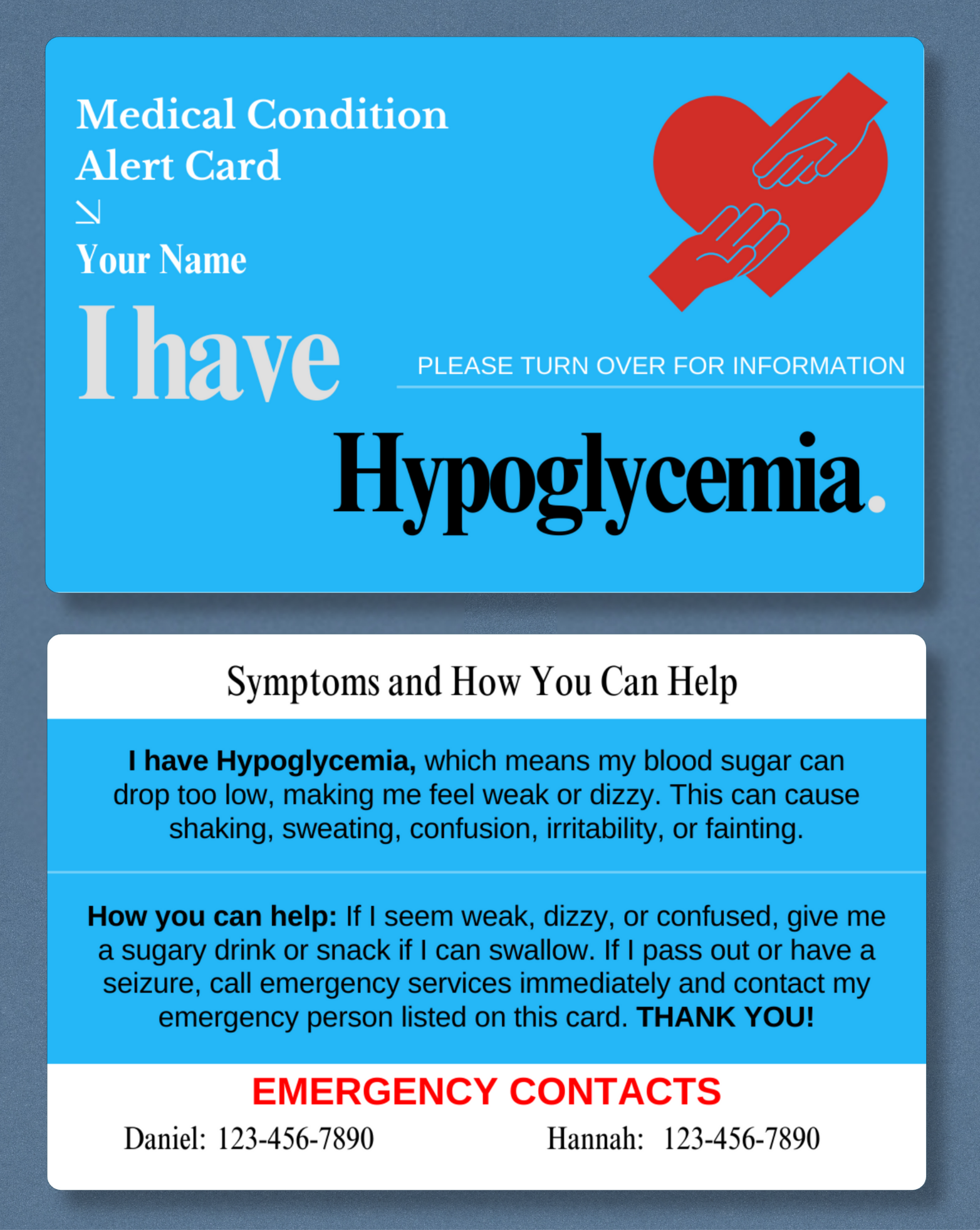Hypoglycemia Medical Alert Card