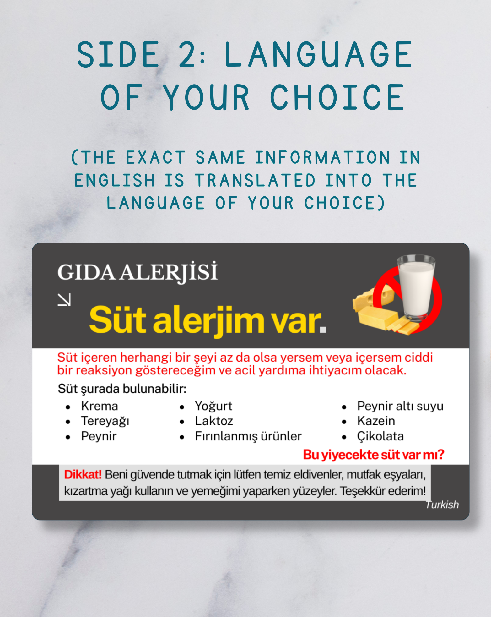 Milk Allergy Alert Card – Bilingual (English + Your Chosen Language)
