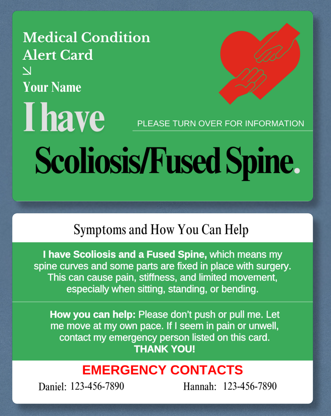 Scoliosis/Fused Spine Medical Alert Card