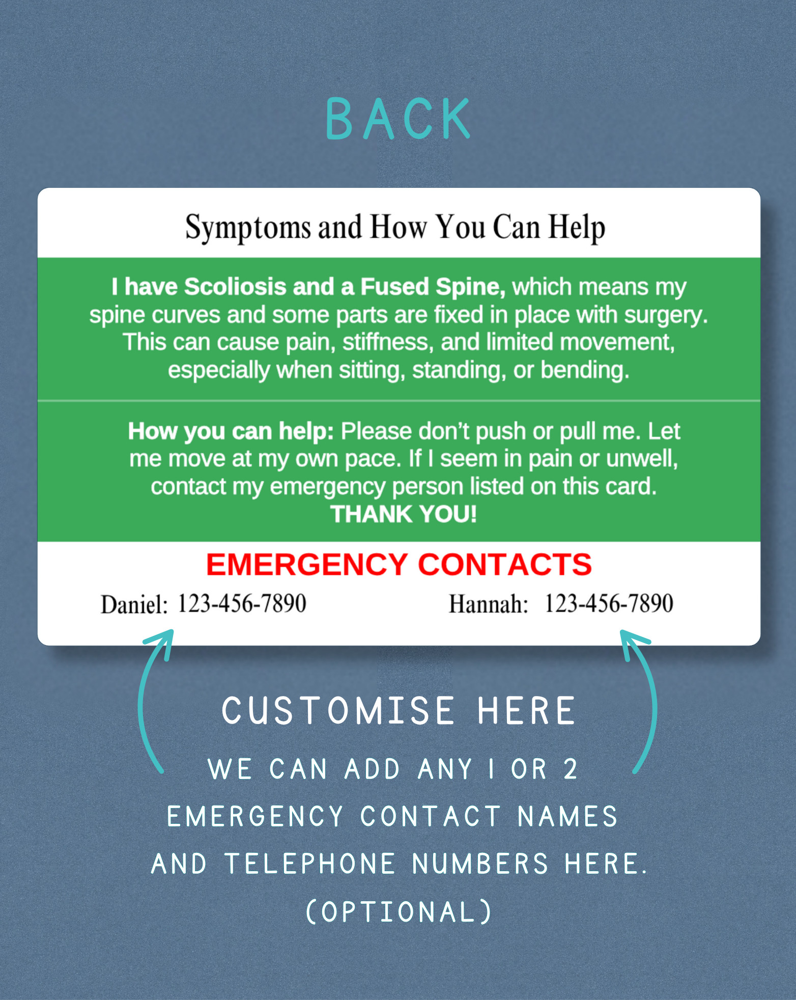 Scoliosis/Fused Spine Medical Alert Card
