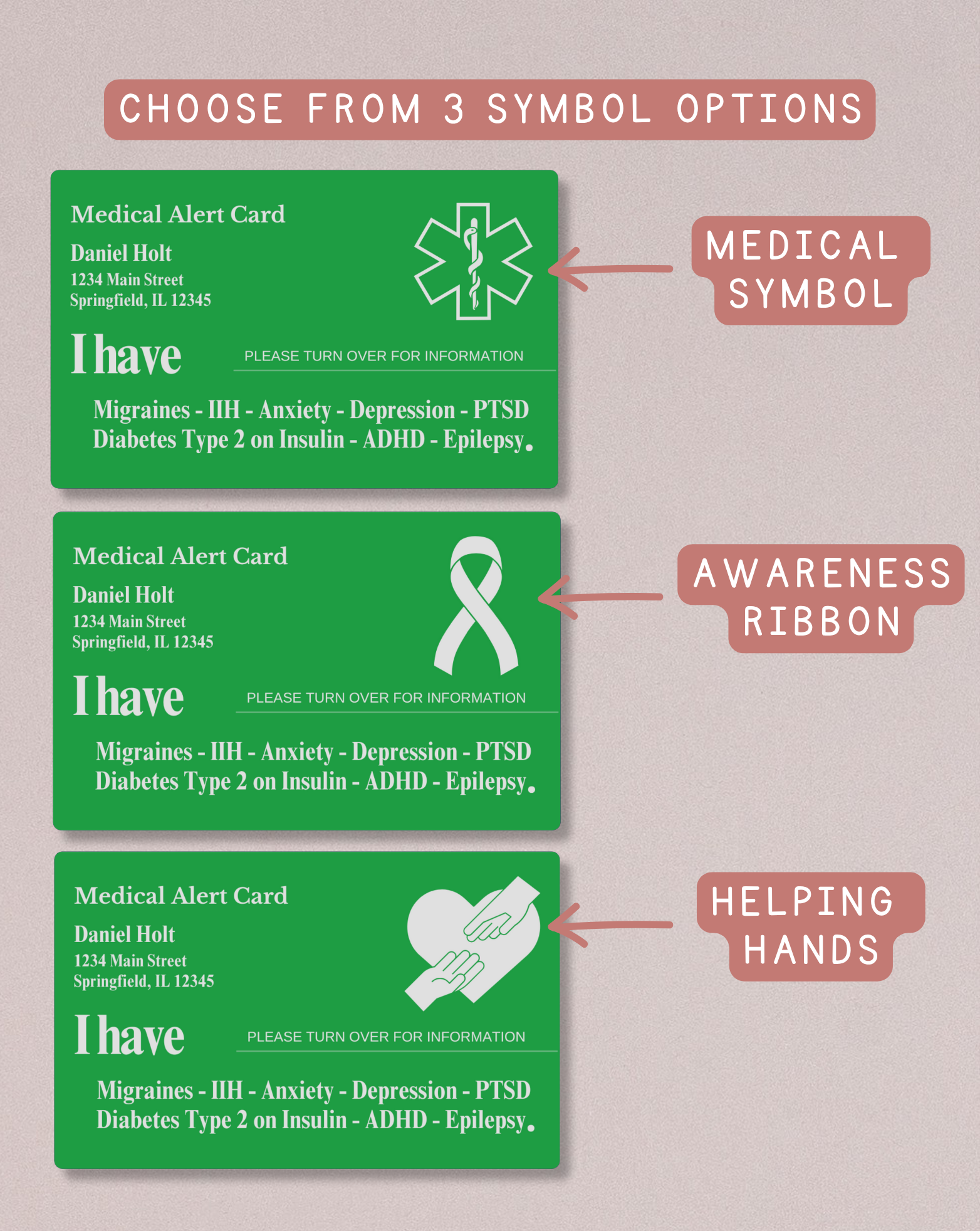 Custom Engraved Medical Alert Card - Green Aluminum (Full Detail Version)