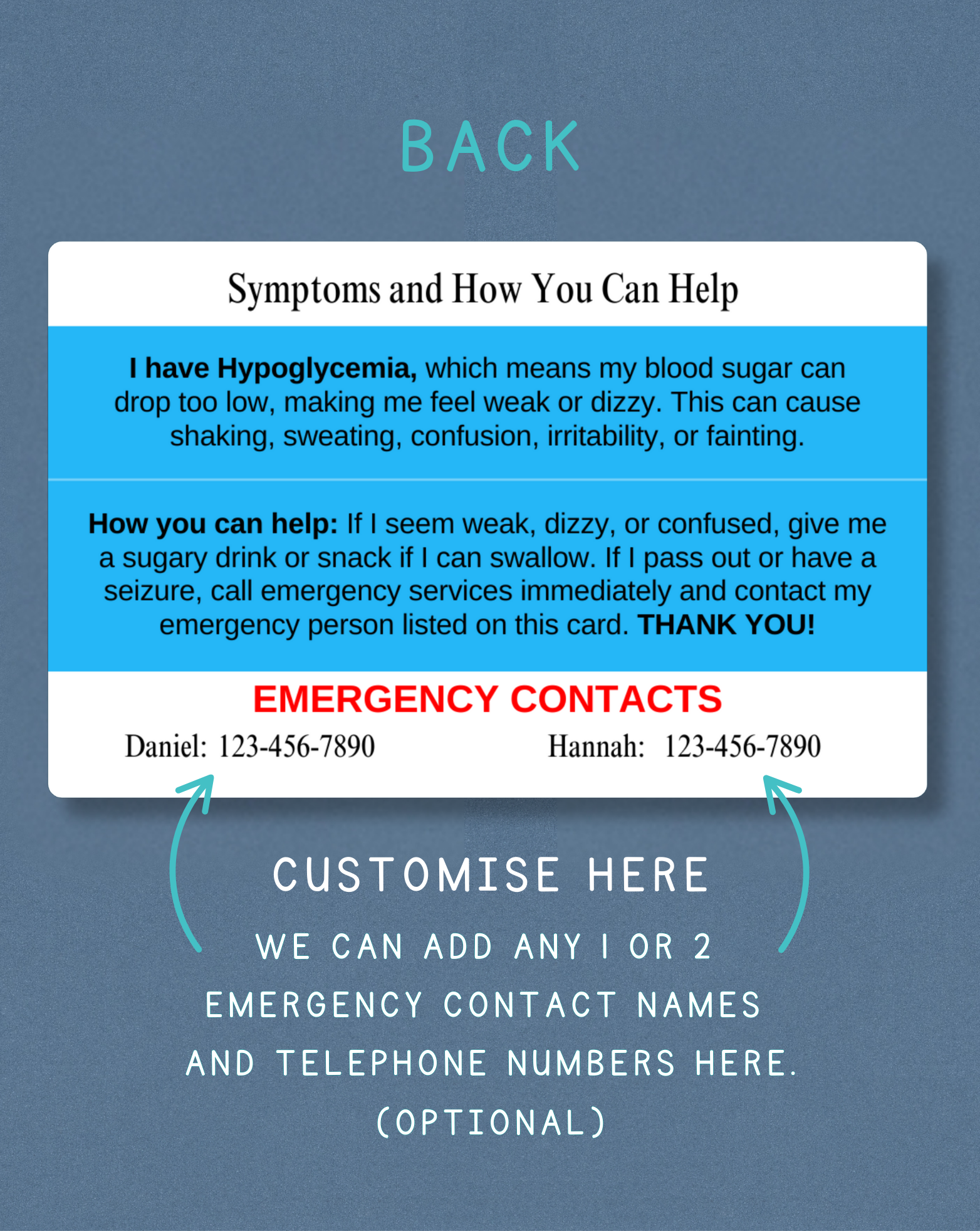 Hypoglycemia Medical Alert Card