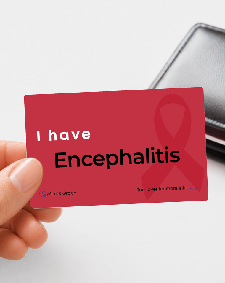 Red Encephalitis medical alert card held in hand