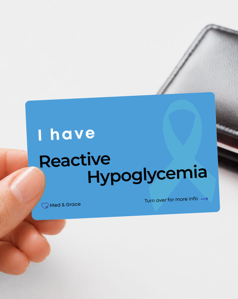 Blue Reactive Hypoglycemia medical alert card held in hand