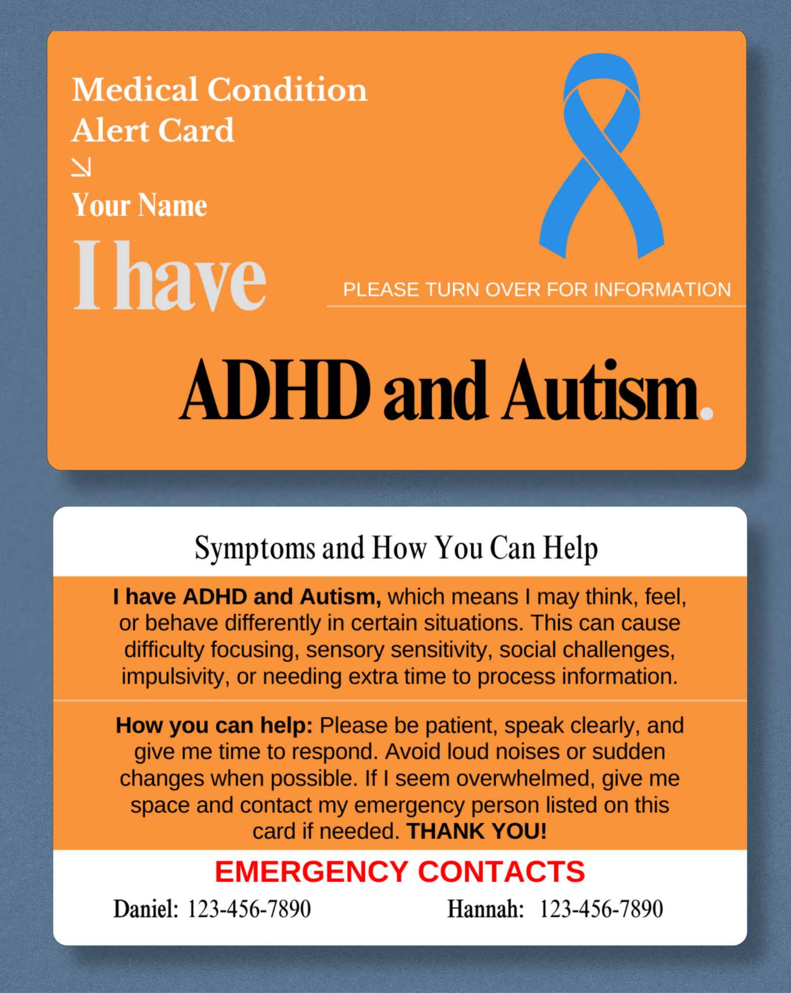 ADHD and Autism Medical Alert Card