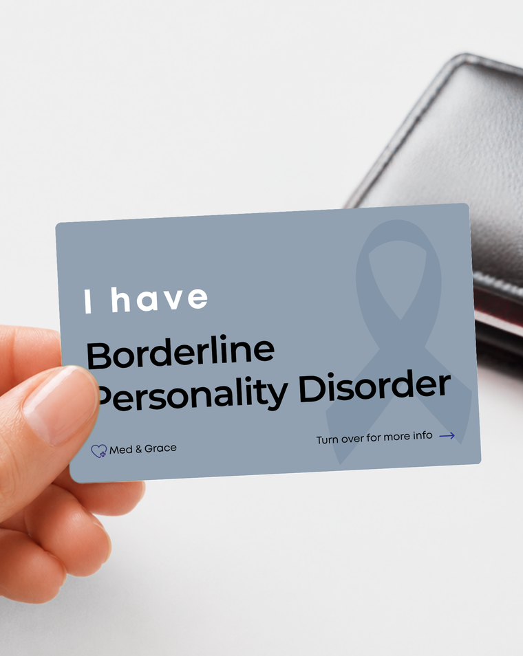 Grey Borderline Personality Disorder (BPD) medical alert card held in hand