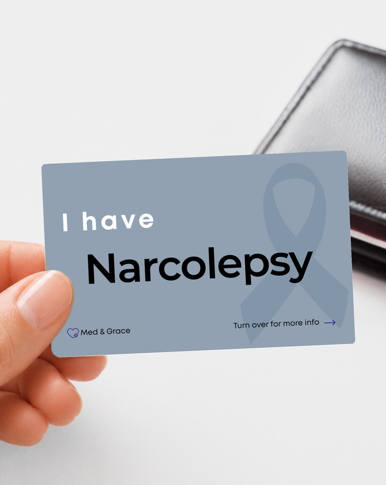 Grey Narcolepsy medical alert card held in hand