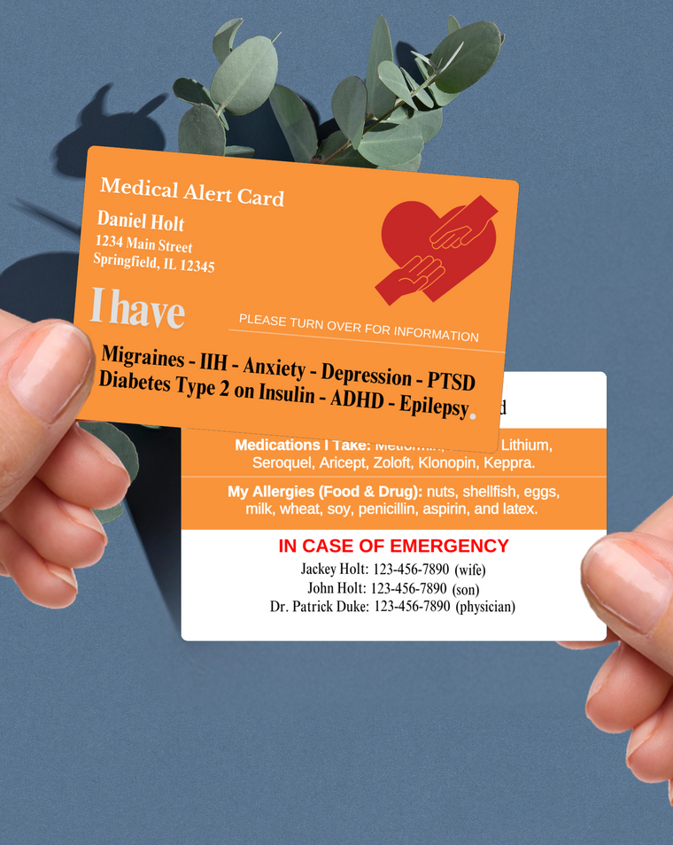 Orange customised medical alert card shown with personalised medical details