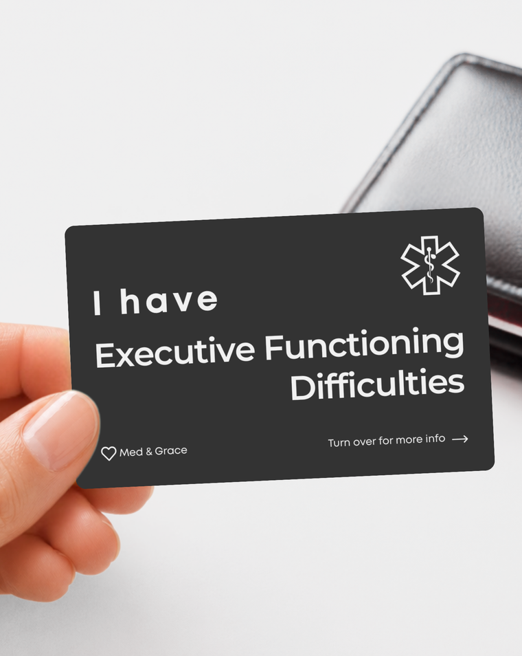 Black Executive Functioning Difficulties engraved medical alert card held in hand