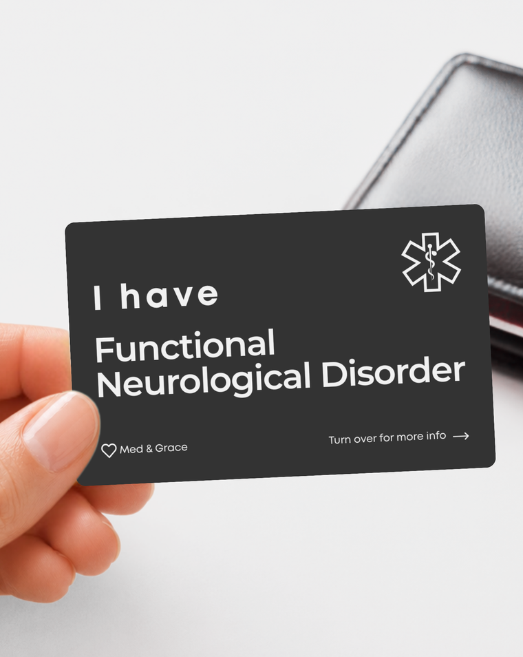 Black Functional Neurological Disorder (FND) engraved medical alert card held in hand