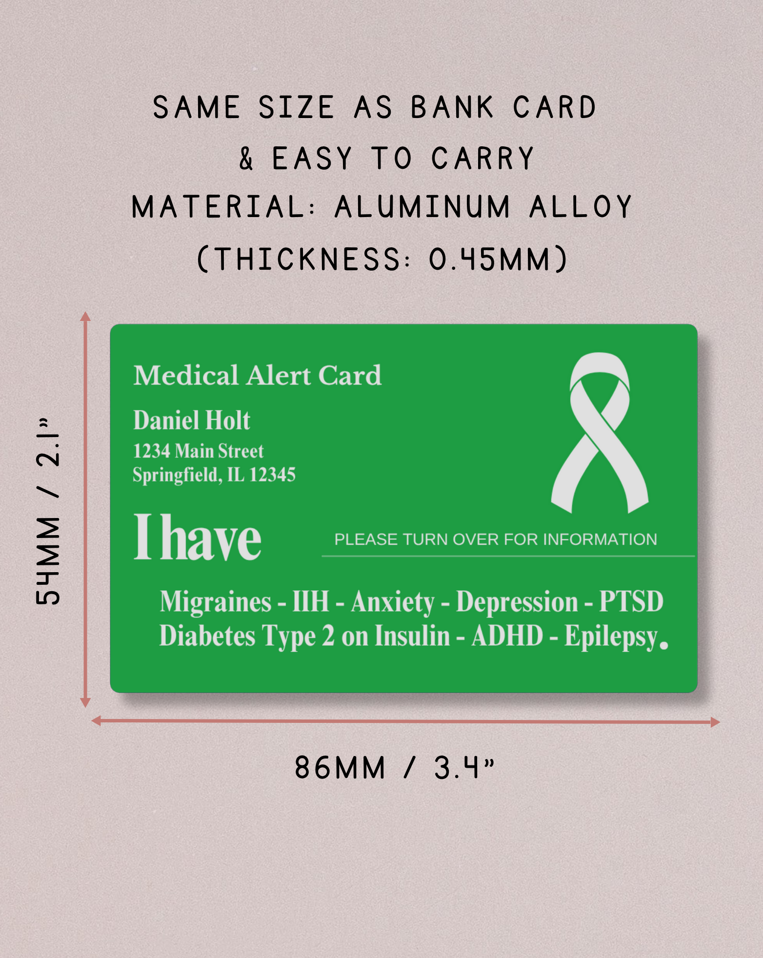 Custom Engraved Medical Alert Card - Green Aluminum (Full Detail Version)