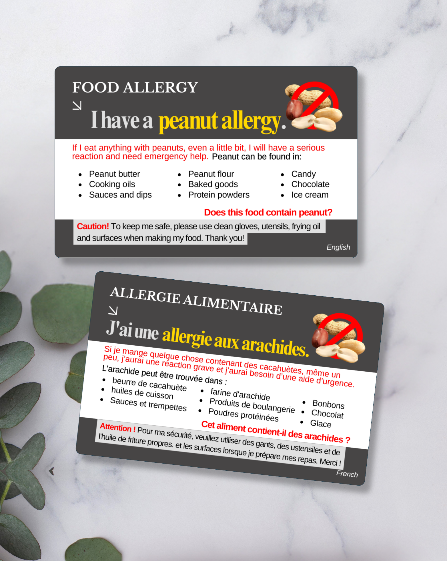 Peanut Allergy Alert Card – Bilingual (English + Your Chosen Language)
