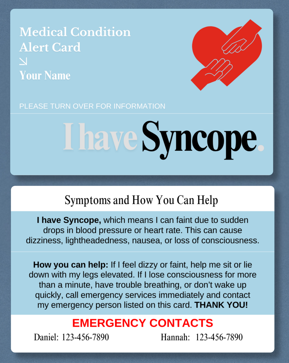 Syncope Medical Alert Card