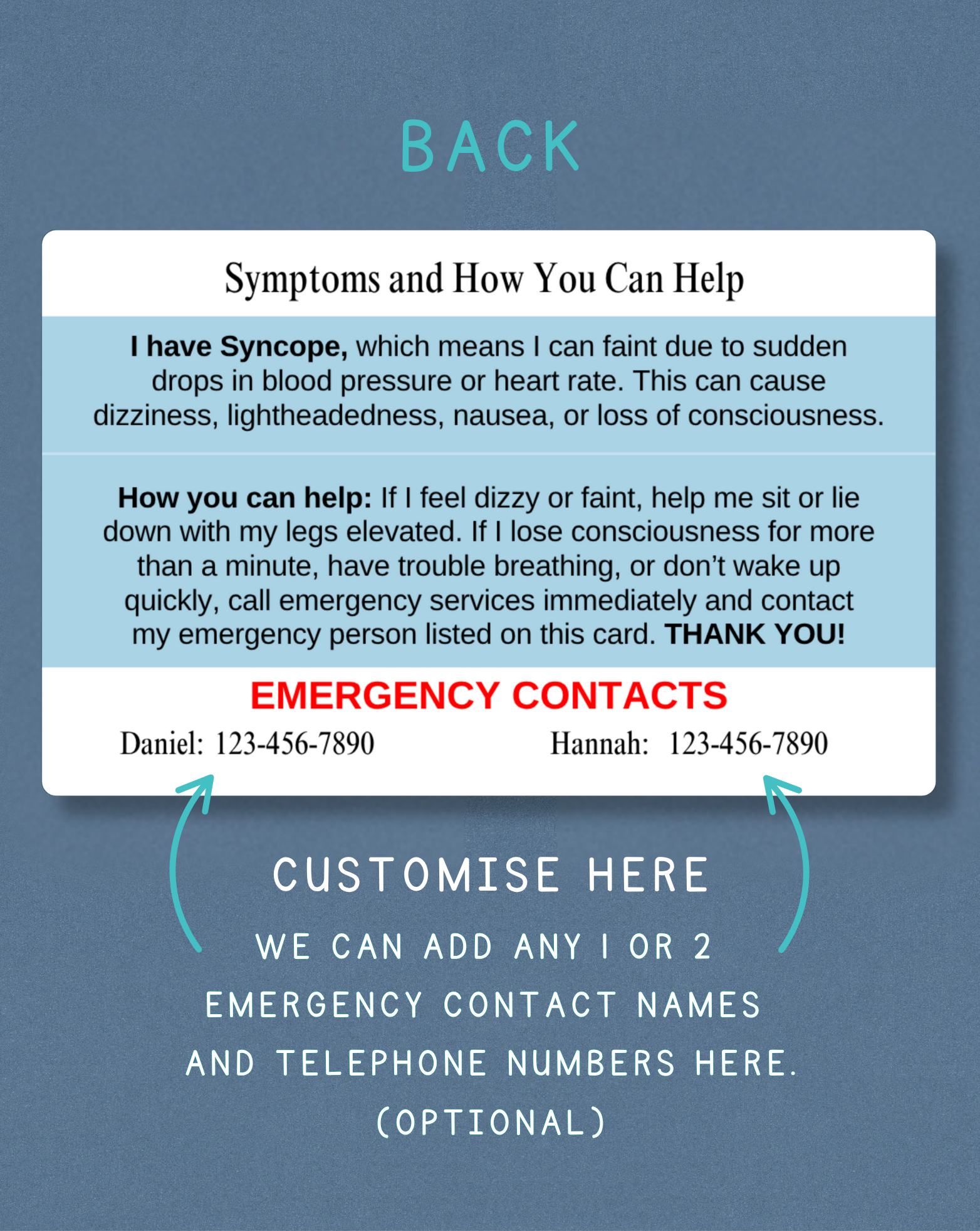 Syncope Medical Alert Card