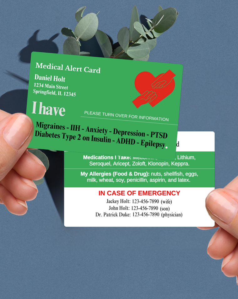 Green customised medical alert card shown with personalised medical details