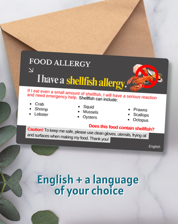 Shellfish Allergy Alert Card – Bilingual (English + Your Chosen Language)