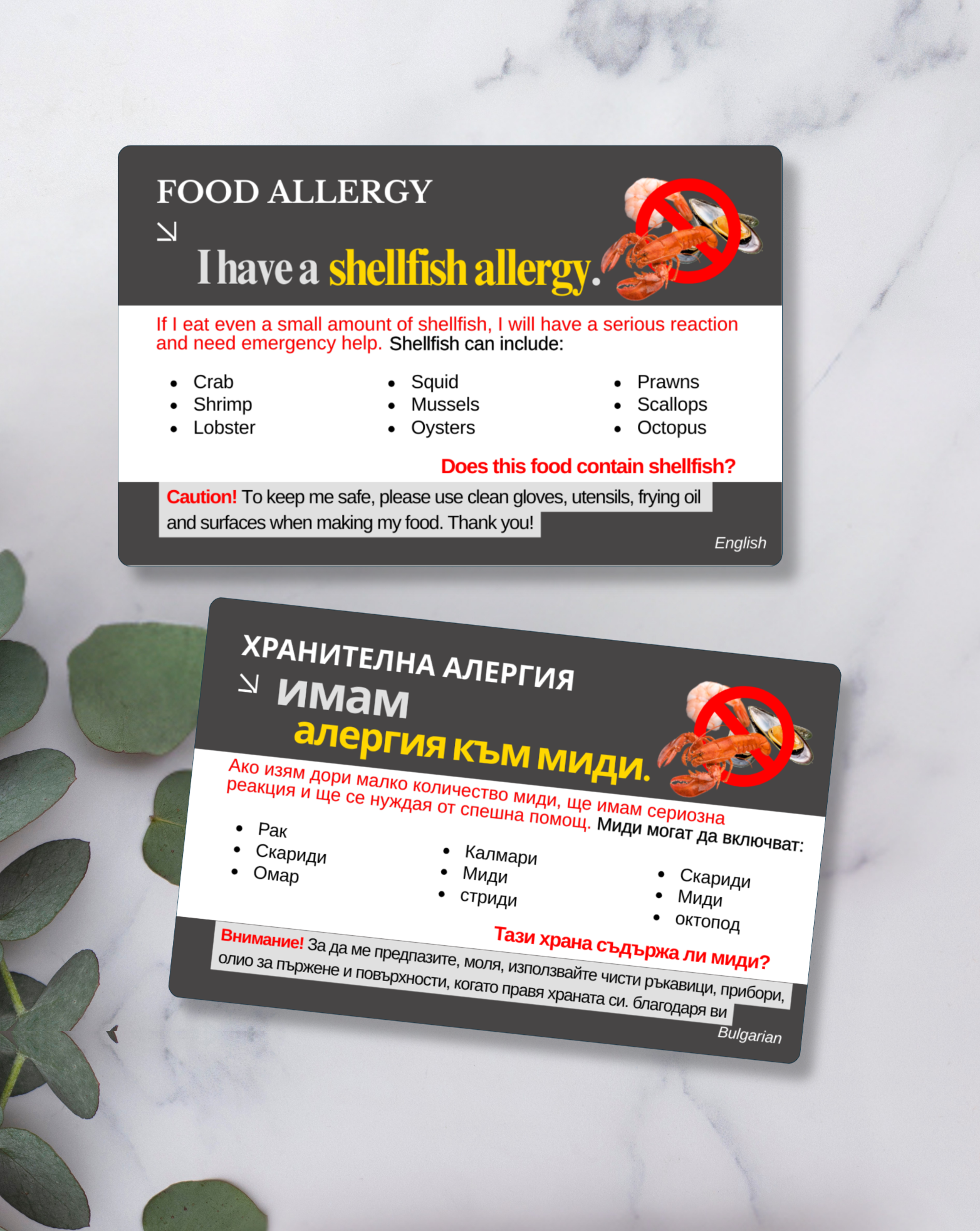 Shellfish Allergy Alert Card – Bilingual (English + Your Chosen Language)
