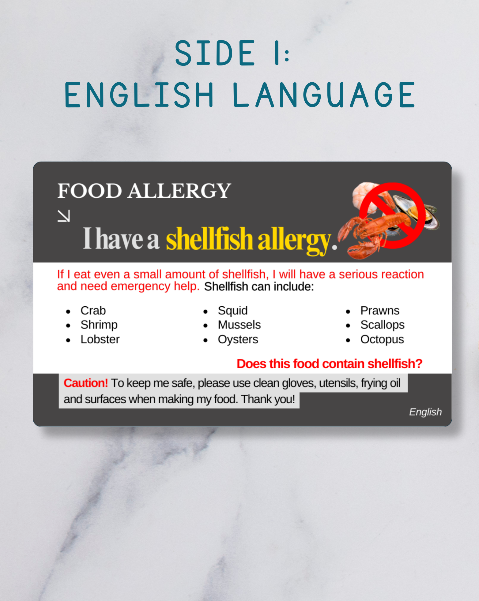 Shellfish Allergy Alert Card – Bilingual (English + Your Chosen Language)