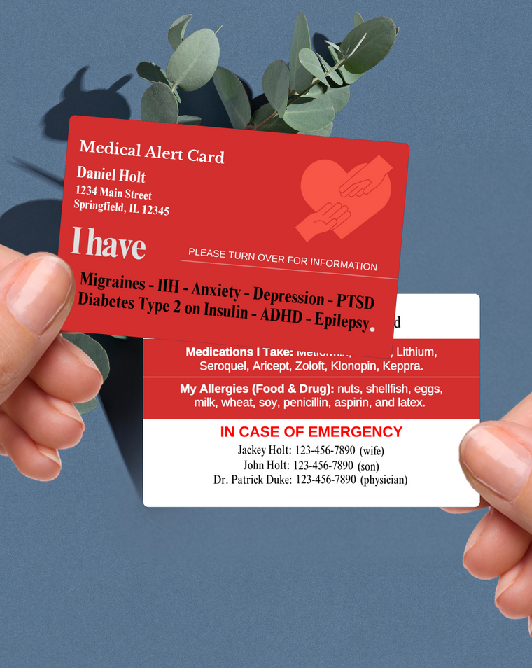 Red customised medical alert card shown with personalised medical details