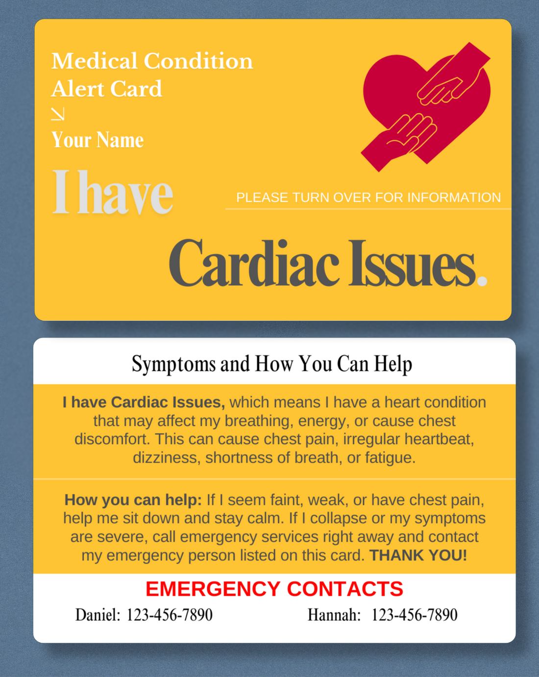 Cardiac Issues Medical Alert Card