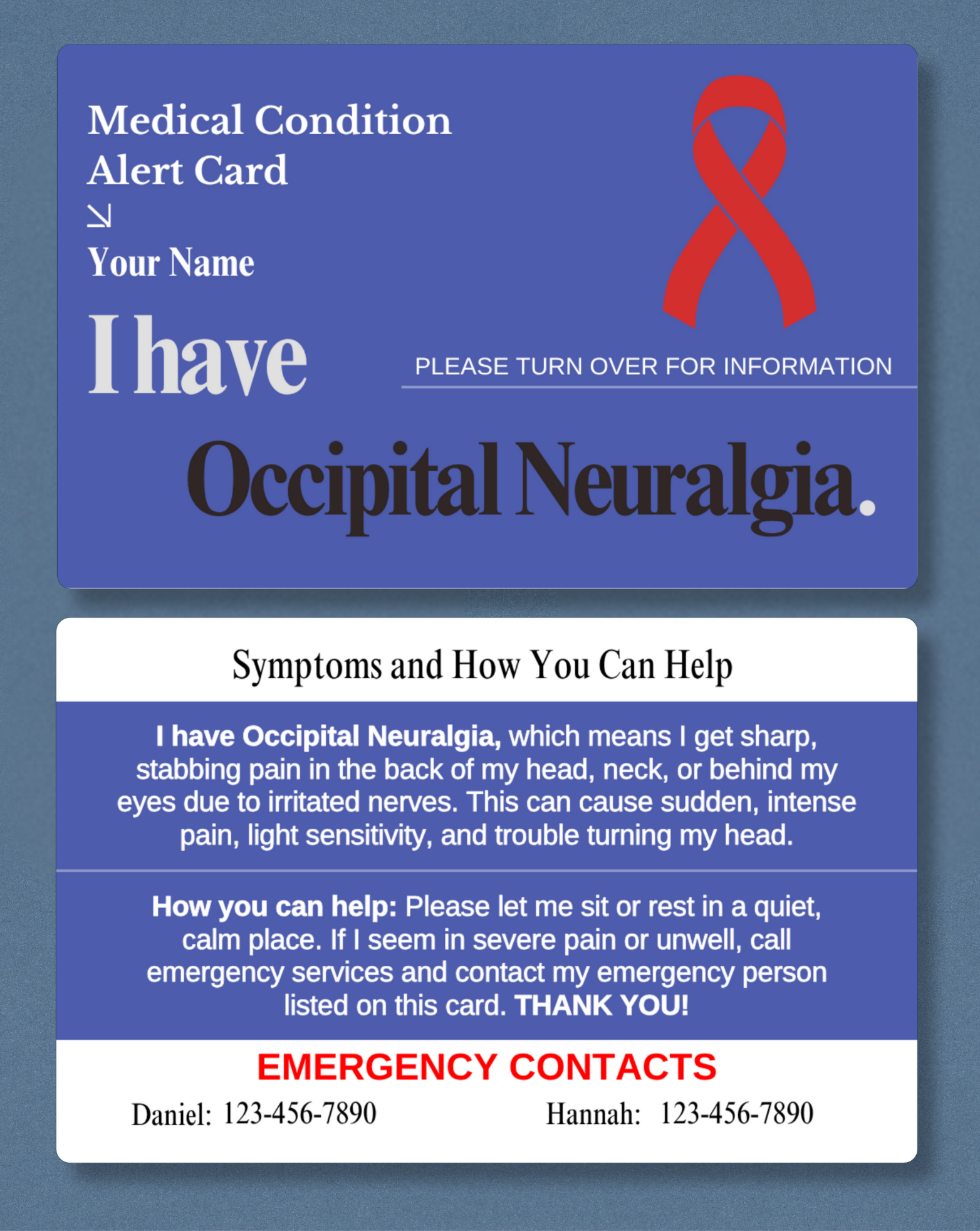 Occipital Neuralgia Medical Alert Card