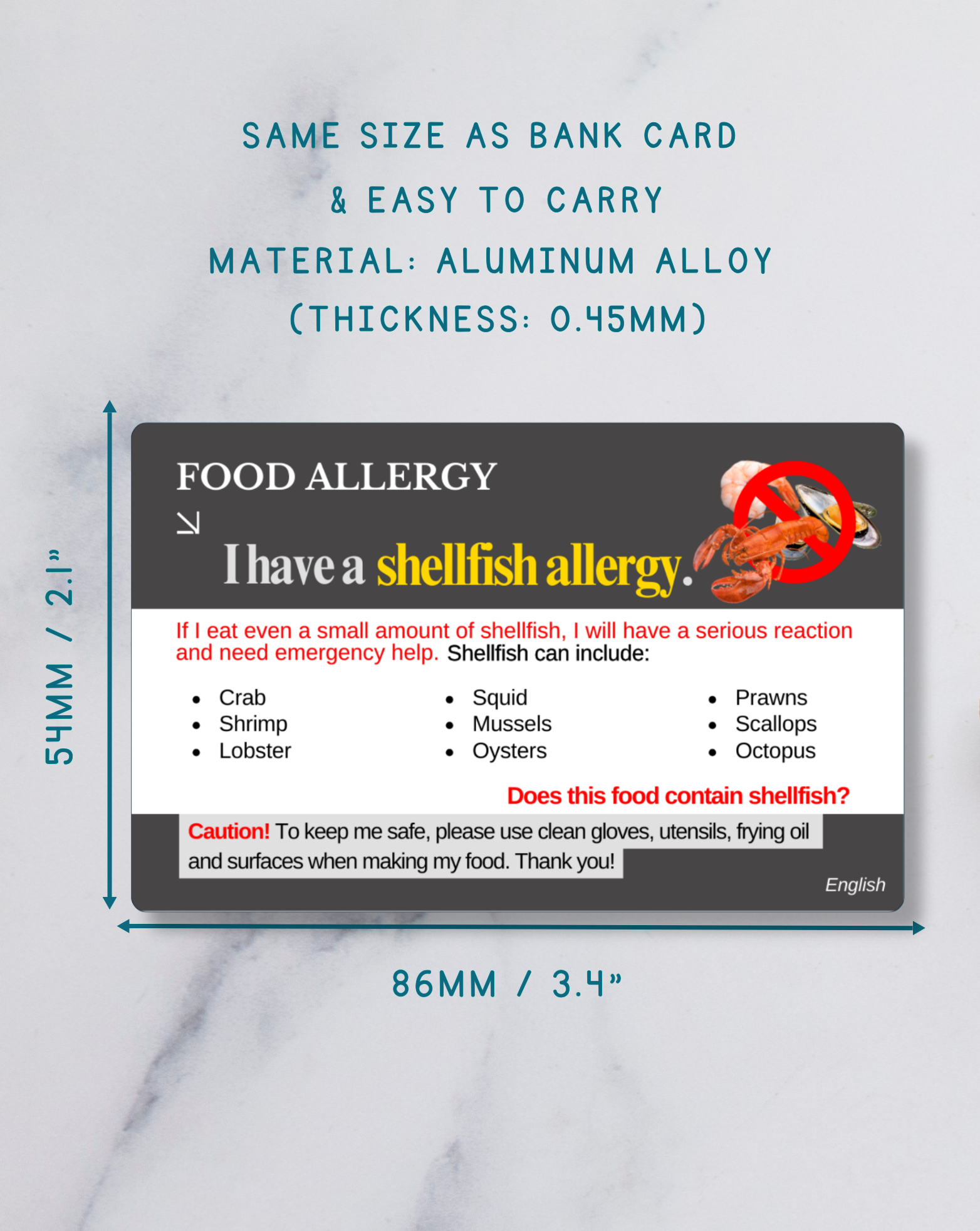 Shellfish Allergy Alert Card – Bilingual (English + Your Chosen Language)