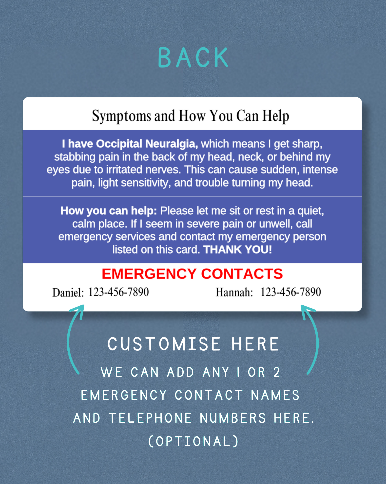 Occipital Neuralgia Medical Alert Card