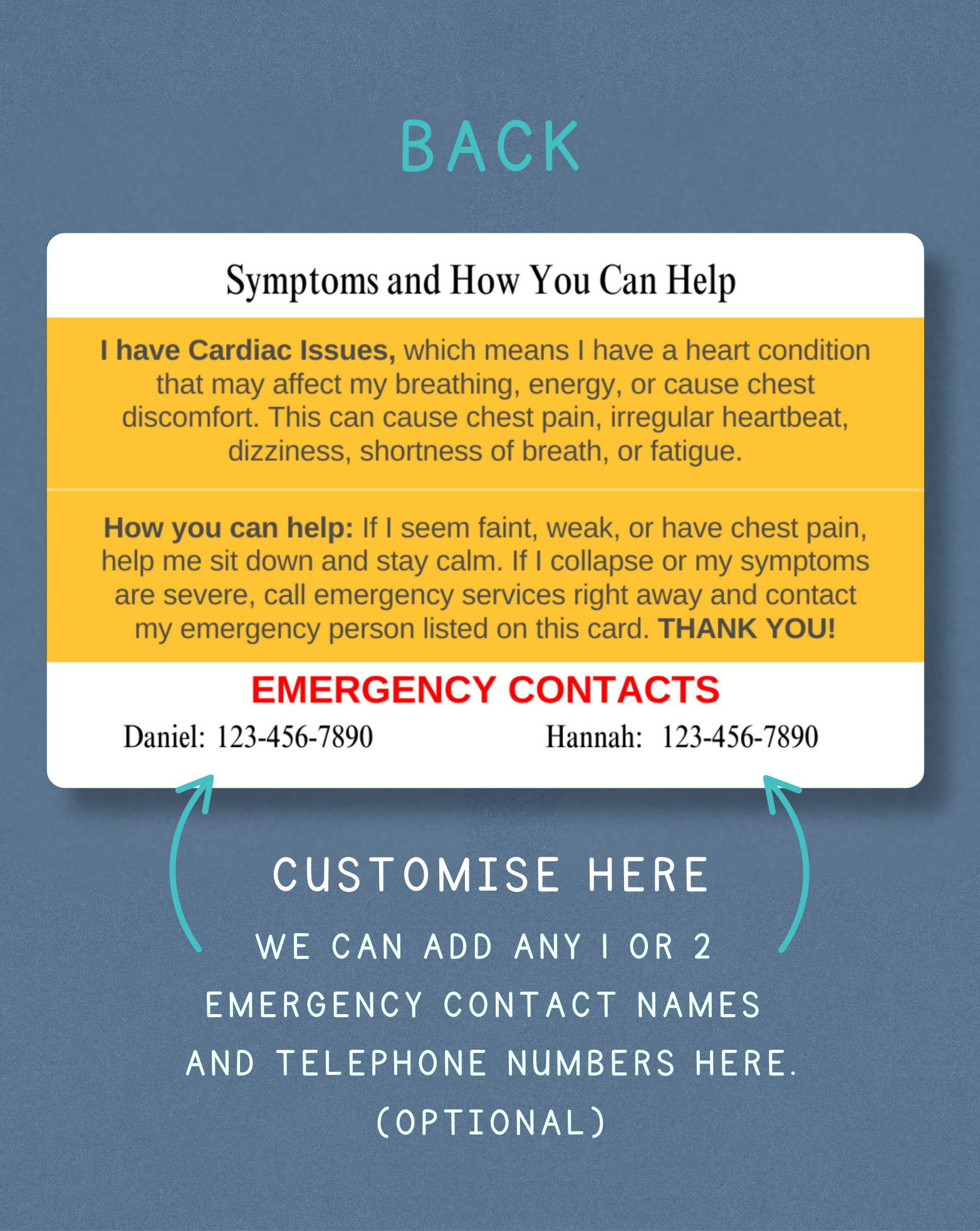 Cardiac Issues Medical Alert Card