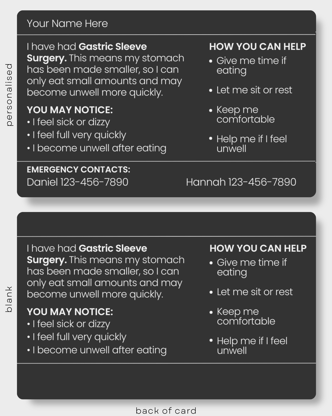 Black Gastric Sleeve Surgery engraved medical alert card held in hand