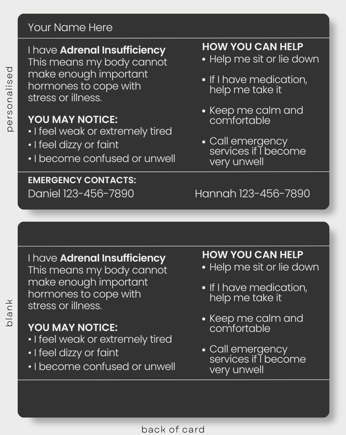 Back of black Adrenal Insufficiency engraved medical alert card showing personalised and blank options