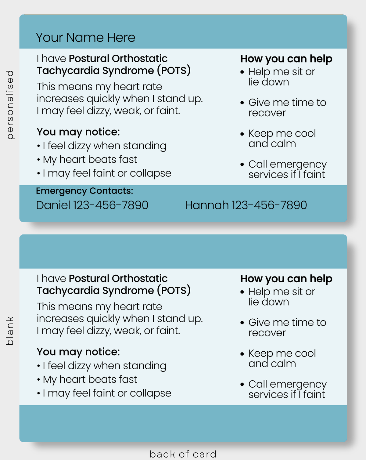 Back of POTS (Postural Orthostatic Tachycardia Syndrome) Medical Alert Card showing important information